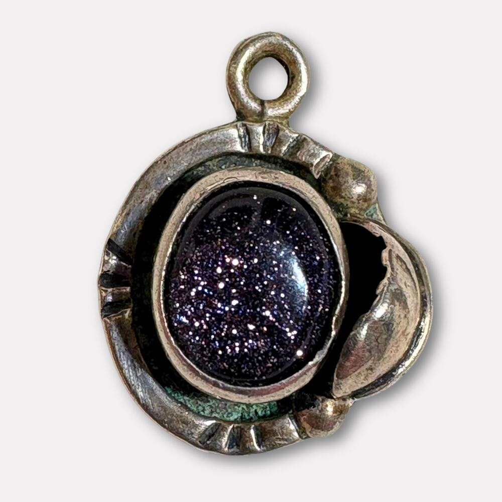 Sterling Silver Pendant Blue Goldstone GFIS signed Mexico Native Southwest Vtg